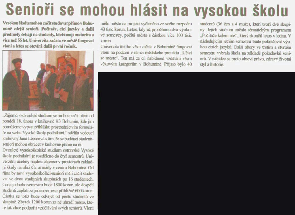 Senioři se mohou hlásit na vysokou školu - Zvětšit