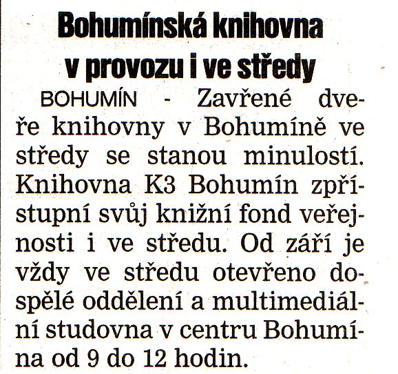 Bohumínská knihovna v provozu i ve středy - Zvětšit